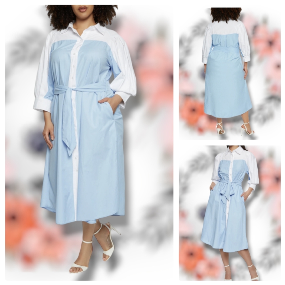 🆕 Color block Button Front Shirt Dress with Belt size 3X